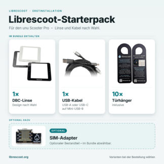 Librescoot-Starterpack: DBC-Linse und USB-Kabel nach Wahl, zehn Türhänger und optionaler SIM-Adapter